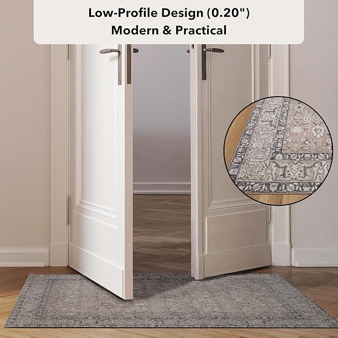 Kuden 8x10 Large Area Rug, Machine Washable Area Rug with Non-Slip Backing, Vintage Style, Soft, Easy Clean, Low Pile Rug for Living Room, Bedroom, Dining Room