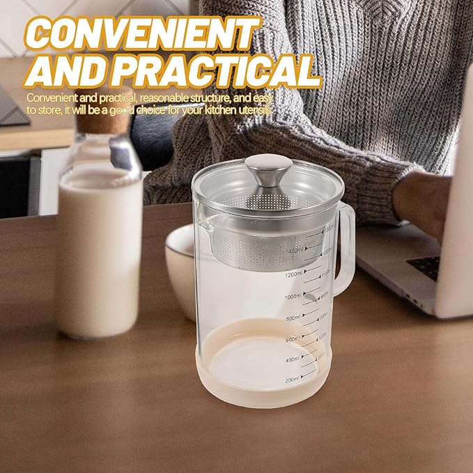 Kichvoe Glass Pitcher: Food Strainer Soy Milk Filter Teapot With Fine Mesh Filter And Lid For Milk Juice Water Tea Beverages- 1500 Ml