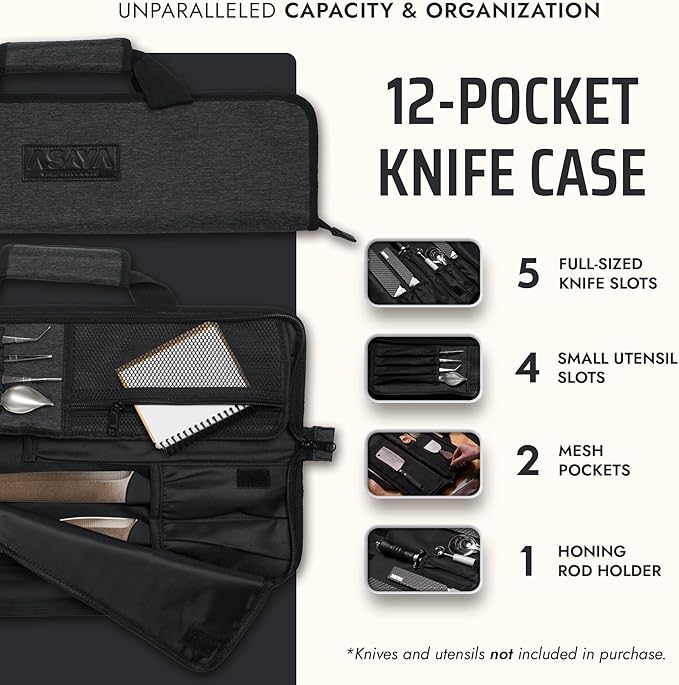 Asaya Chef Knife Roll Bag - 12 Pockets for Knives and Kitchen Utensils - Lightweight, Durable, and Stain Resistant Nylon - Perfect for the Traveling Chef - Knives not Included