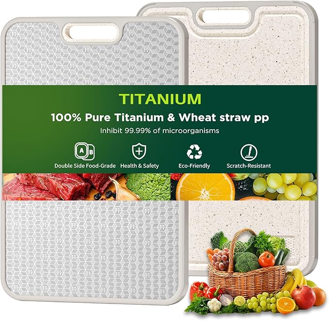 Titanium Cutting Board for kitchen, Dual Sided Food Grade Titanium & Wheat Straw PP, Non Slip Scratch Resistant Easy Clean, 15.5" x 10.5"