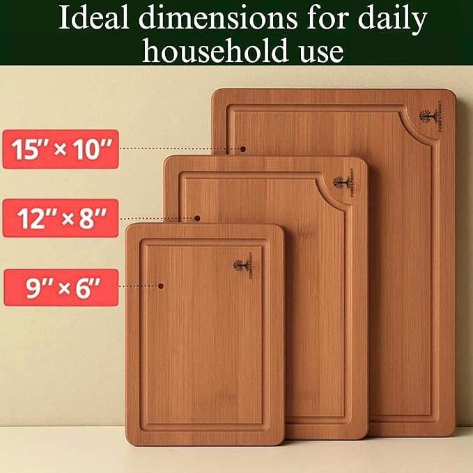 Forestroot Bamboo Cutting Board Set – 3-Piece Wooden Kitchen Boards for Meal Prep & Serving – Durable Bamboo with Deep Juice Groove & Side Handles – Great for Meat, Vegetables & Charcuterie(Brown)