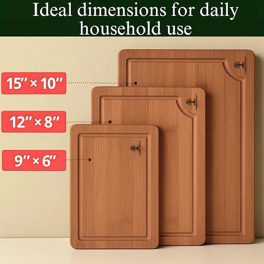 Forestroot Bamboo Cutting Board Set – 3-Piece Wooden Kitchen Boards for Meal Prep & Serving – Durable Bamboo with Deep Juice Groove & Side Handles – Great for Meat, Vegetables & Charcuterie(Brown)