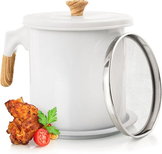 MyMoon Home Bacon Grease Container (48oz / 1.4L) Iron Cooking Oil Storage Can with Strainer - Non-Stick, 5 Inch Diameter for Easy Pouring - Oil Strainer Pot