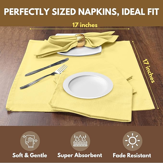 Native Fab Solid Light Yellow Cloth Napkins Set of 4, 100% Cotton Washable Fabric, 17x17 inches, Reusable Table Linen Napkins for Dinner, Party, Wedding, Pale Yellow