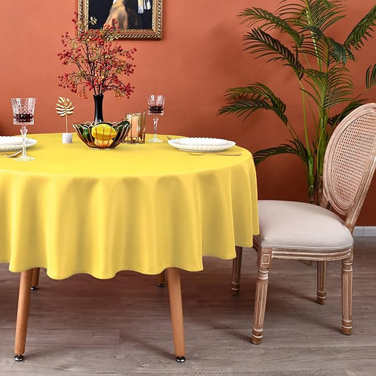 MEANMOY Yellow 210 GSM Water & Stain Resistant Round Tablecloth for Circle Table - Solid 60 Inch Table Cloth Cover in Wrinkle Free Durable Washable Polyester Fabric for Wedding, Party, Banquet