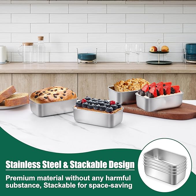 P&P CHEF Mini Loaf Pans Set, 4 PCS Small Bread Loaf Pan for Baking, 6.3 x 3.5 Inch Stainless Steel Baking Pans for Homemade Bread, Meatloaf, Cake and Brownies, Healthy & Non Toxic, Dishwasher Safe