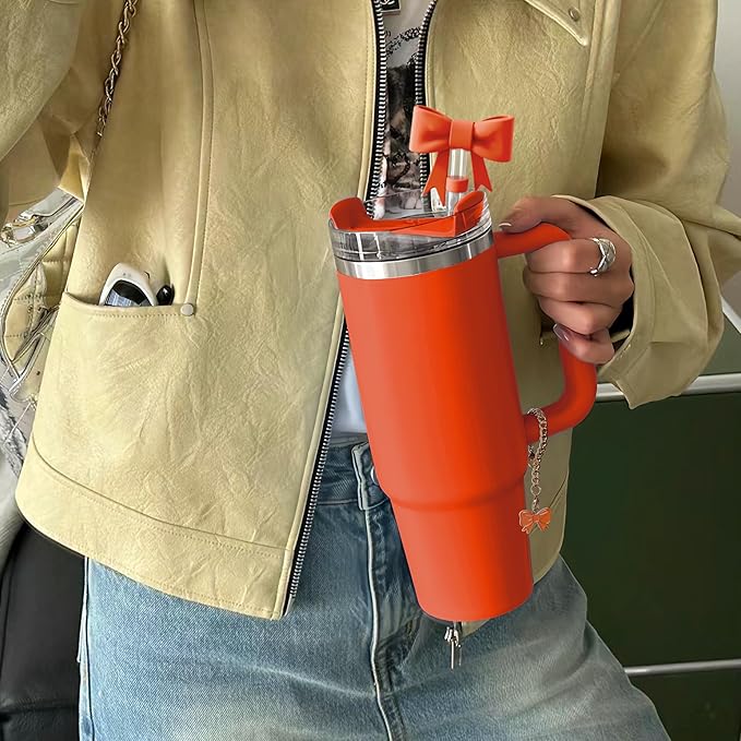 Compatible with Stanley Cup Accessories - 3Pcs 10mm Bow Straw Topper Compatible with Stanley Cup Straw Cover Cap, 2pcs Orange Bow Charms for Stanley 30&40 Oz Tumbler with Handle