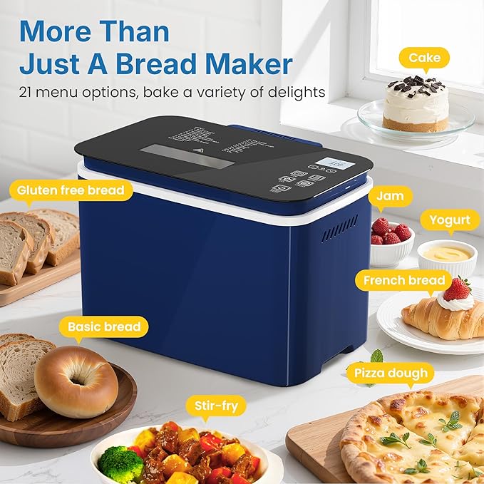 2.2LB Bread Maker, 21-in-1 Programmable Bread Machine with Digital Touch Panel, 3 Loaf Sizes 3 Crust Color, Keep Warm, 15H Timer, Blue Bread Making Kit & Breakfast Maker with Nonstick Pan
