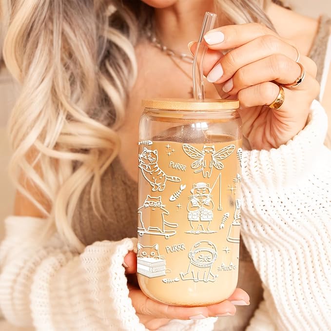 Funny Cat Glass Cups with Lids and Straws for Cat Lover Women Girl Cool Cats Lovers Iced Coffee Cup Cute Decor Stuff Accessories Christmas Birthday Valentine Gift for Mom Daughter Bestie 16 Oz
