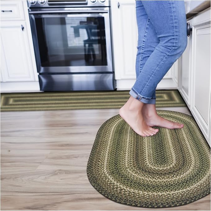 Homespice Pinecone Small Oval Rug 27x45 - Rustic Green Braided Rug for Kitchen and Bathroom, Reversible, Pet Friendly, No Shed Jute for Easy Maintenance