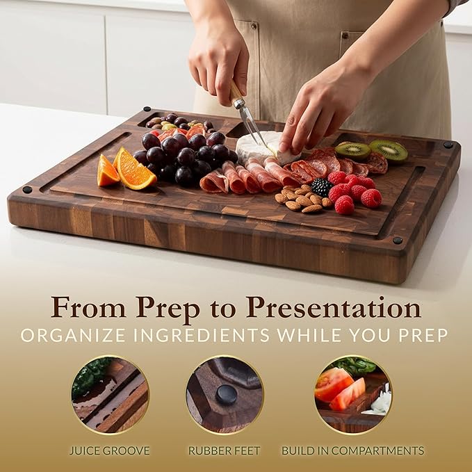 Premium Extra Large Thick End Grain Acacia Wood Cutting Board with Non-Slip Feet, Juice Groove, Sorting Compartments for Kitchen 20x15x1.5