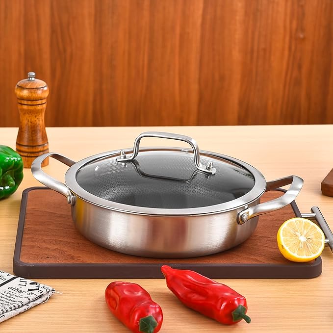 Inqibee 3 QT Hybrid Tri-Ply Stainless Steel Non Stick Sauté Pan with Lid,10 Inch Induction Deep Frying Pan,Skillet,Jumbo Cooker,Dishwasher and Oven Safe