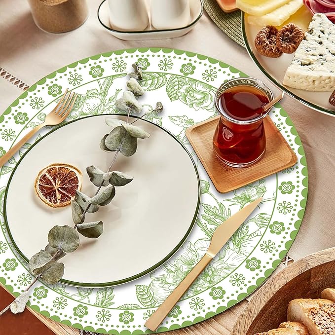 50 Pcs 14 Inch Green Floral Paper Place Mats Chinoiserie Round Placemats Flower Disposable Decorative Table Mats for Dinner Table Setting Banquet Party Supplies