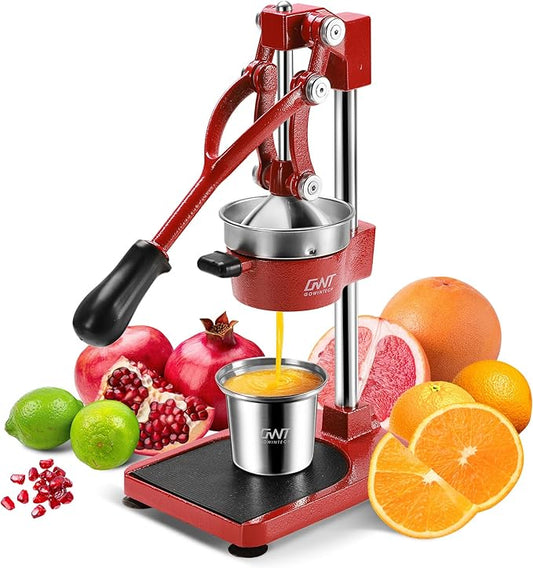 18 Inch Height Commercial Heavy Duty Cast Iron Hand Press Manual Orange Citrus Lemon Lime Grapefruit Pomegranate Fruit Juice Squeezer Machine with Stainless Steel Cup and Durable Base Red