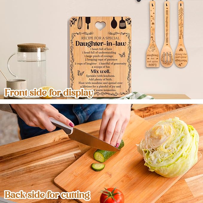 Gifts for Daughter in Law - "Recipe for a Special Daughter-in-Law" Daughter in Law Birthday Gifts Cutting Board Set, Bamboo-Made Engraved Utensil Set Birthday Gifts for Daughter in Law