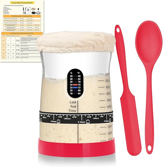 Pro Sourdough Starter Kit- 50oz Large Capacity Sourdough Starter Jar, 17 Flavorful Fermentation Recipes, Sourdough Bread Baking Supplies for Making Delicious Sourdough Breads(Red, 1Set)