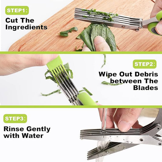 Herb Scissors, Premium Stainless Steel 5 Blade Kitchen Salad Scissors Dishwasher Safe, Sharp and Convenient 5 Blade with Safety Cover, Herb Stripping Tool and Cleaning Comb