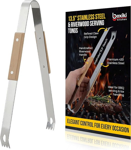 13.5” Stainless Steel Serving Tongs with Wooden Handle - Elegant Design for Ice, BBQ, Salad or Buffet - Durable & Rust-Resistant Kitchen Tongs