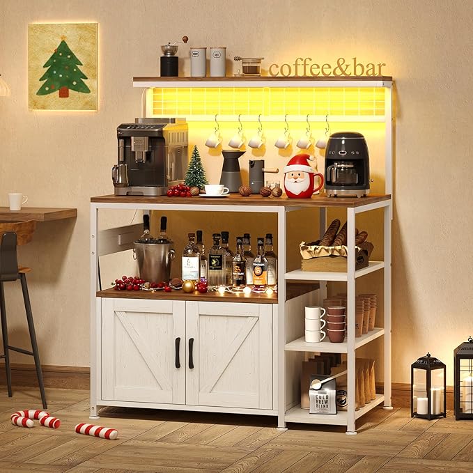 TVU Bakers Rack with Power Outlet and LED Light, Microwave Stand with Storage Cabinet, Coffee Bar Cabinet Station with 6 Hooks for Kitchen, Dining Room, Living Room, Coffee Bar, Walnut, White