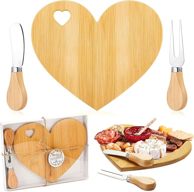 Patelai 2 Set Bridal Baby Shower Favor Heart Cheese Board with Knife, Wood Mini Charcuterie Board Thank You Gift Box for Guest Bridal Baby Shower Prize Wedding Valentines Birthday (Bamboo Color)