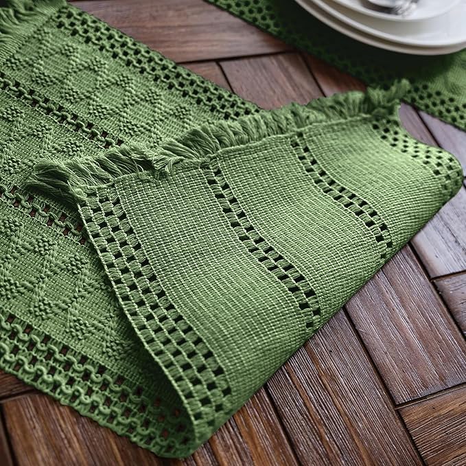 Alynsehom Macrame Table Runner Green Boho Table Runners with Tassels Hand Woven Cotton Table Runner Rustic Farmhouse Table Runners for Bohemian Kitchen Dining Table(12x48in)