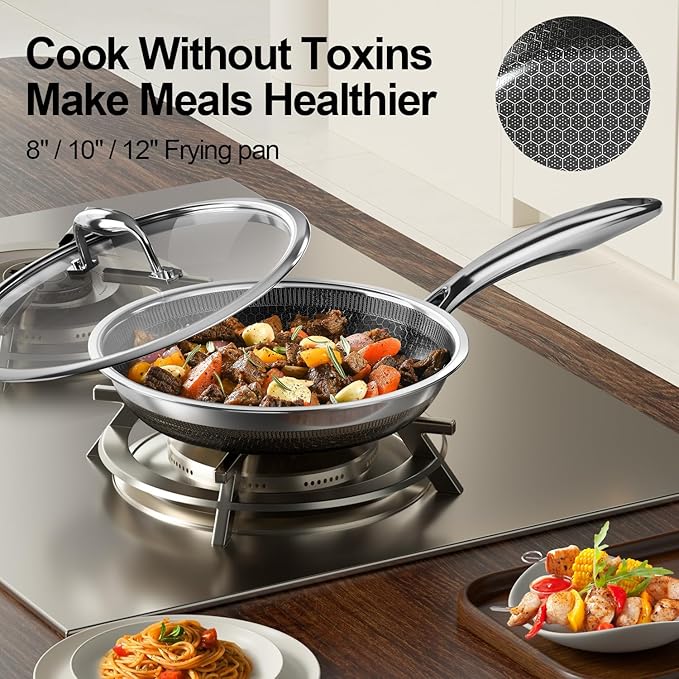 Fogdream 12” Non Stick Frying Pans, Stainless Steel Skillet with Lid, Tri-Ply Stainless Steel for All Cooktops, Dishwasher and Oven-Safe Cooking Pan, Stay-Cool Handle, Silver