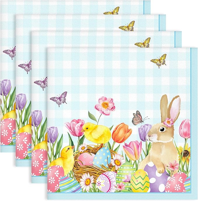 Easter Bunny Napkins, 18×18 Inch Egg Flower Butterfly Dinner Cloth Napkins Set of 4, Washable Cotton Soft Absorbent Square Napkins for Dining Kitchen Party Wedding Decoration