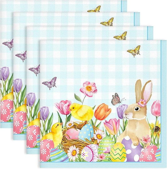 Easter Bunny Napkins, 18×18 Inch Egg Flower Butterfly Dinner Cloth Napkins Set of 4, Washable Cotton Soft Absorbent Square Napkins for Dining Kitchen Party Wedding Decoration