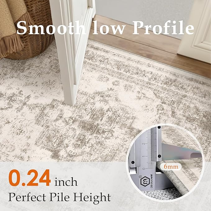 Area Rug 9x12 Beige Washable Living Room Carpet Non Slip Vintage Medallion Indoor Bedroom Carpet Low Pile Soft Retro Distressed Large Rug Home Office Dining Room Playroom