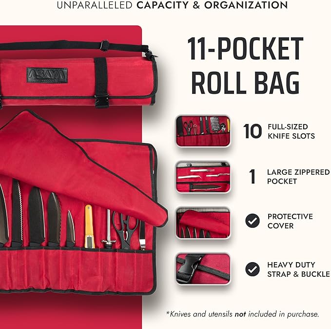 Asaya Canvas Chef Knife Roll Bag - 10 Knife Slots and a Large Zipper Pocket - Durable 10oz Canvas Knife Case with an Adjustable Shoulder Strap - Knives not Included (Red)