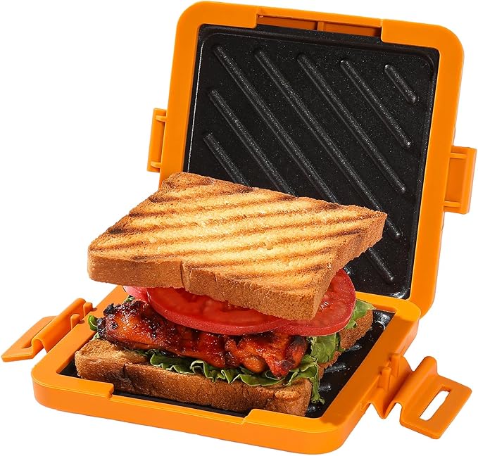 Microwave Toastie Sandwich Maker, Nonstick Plate Panini Maker, Versatile Wireless Small Toaster, Toastie Safe in Microwave Oven, Dishwasher Safe, Fast Cooking for Breakfast, Snacks, Orange