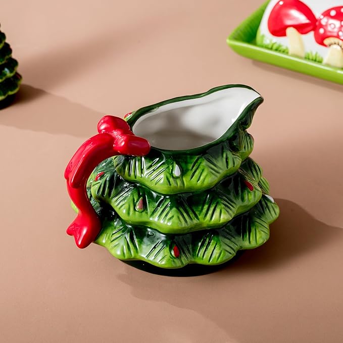 Christmas Gravy Boat - 17oz Hand-Painted Ceramic Christmas Tree Design for Festive Holiday Dinners