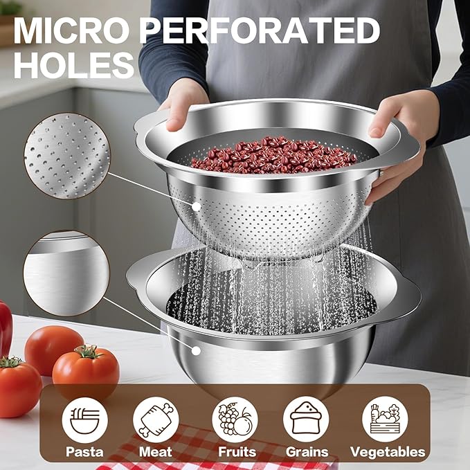 Colanders and Strainers, Stainless Steel Colander Set, Pasta Strainer & Vegetable Washer, Kitchen Strainer with Matching Bowl for Draining, Soaking and Food Prep, Dishwasher Safe, Silver-4QT