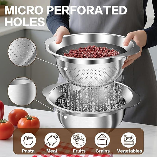 Stainless Steel Colanders 2-quart with Mixing Bowls, Strainers and Colanders, Strainer for Kitchen for washing soaking vegetables, fruit, rice, Microporous Colander, Dishwasher Safe