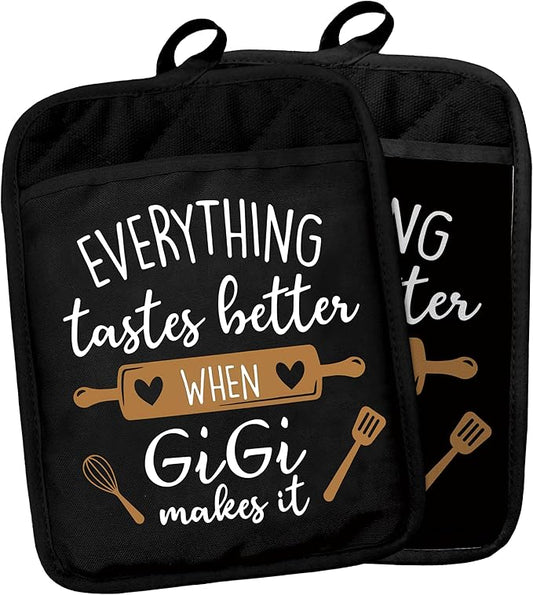 Gigi Gifts Pot Holders with Pockets, Grandma Kitchen Gifts, Everything Tastes Better When Gigi Makes It Pot Holders Heat Resistant Oven Mitts Hot Pads for Kitchen Baking Cooking