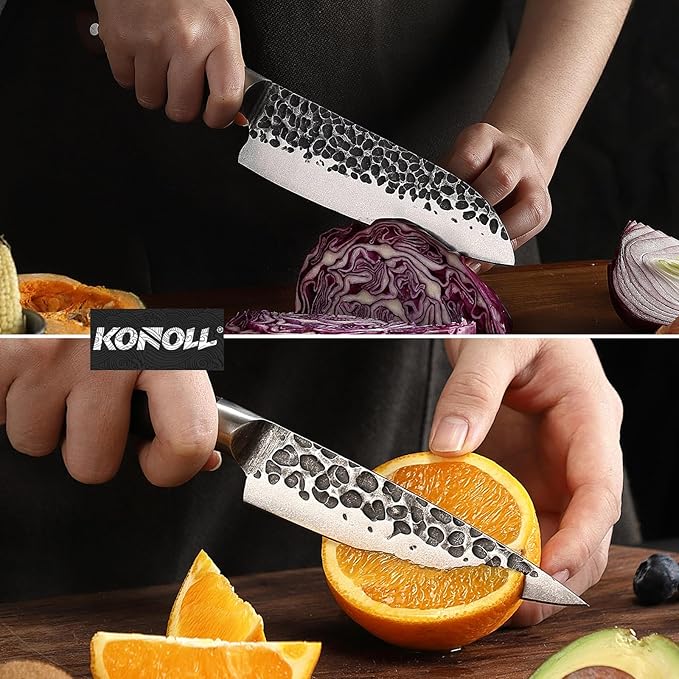 KONOLL Kitchen Knife Set of 5 pcs Japanese AUS-8 Steel Forged Handmade Chef Knives Set without block For Chef Gift Box knofe Set Ultra Sharp with Full Tang Large Wood Handle