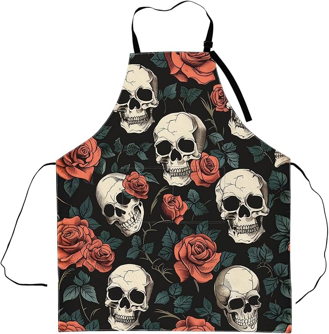 Gothic Skull and Rose Apron,Adjustable Waterproof Oxford Fabric Kitchen Apron with 2 Pockets for Men and Women, Cooking, Baking, BBQ, Coffee Shop, Housewarming Gifts, 28x33 Inches