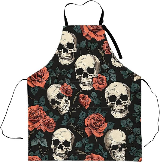Gothic Skull and Rose Apron,Adjustable Waterproof Oxford Fabric Kitchen Apron with 2 Pockets for Men and Women, Cooking, Baking, BBQ, Coffee Shop, Housewarming Gifts, 28x33 Inches