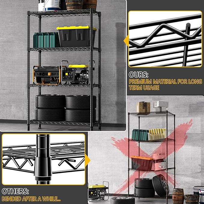 1000 lbs 4 Tier Shelf Metal Storage Shelves Shelving Wire Rack Heavy Duty Closet Organizers for Garage Kitchen Bathroom Laundry Black 15.7" D x 33.5" W x 59.5" H