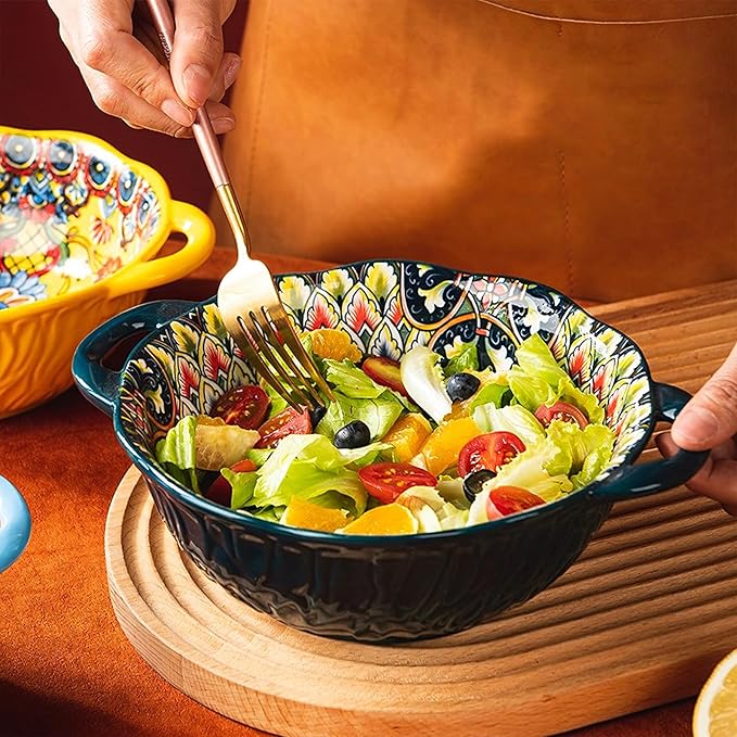 2 Pack Boho Ceramic Serving Bowls with Handles, 40 Oz Porcelain Salad Bowls, Large Serving Dishes for Entertaining, Mixing Bowls for Soup, Stew, Pasta, Cereal, Colorful Embossed Cute Bowls Set BLDS