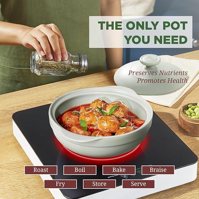 MINH LONG 1-Qt Porcelain Dutch Oven with Lid – Lead & Cadmium Free, Oven Safe to 482°F, Heat Retention, Clay Pot for Cooking on Gas & Infrared Cooktop, Use to Marinate, Cook, Bake, Refrigerate & Serve