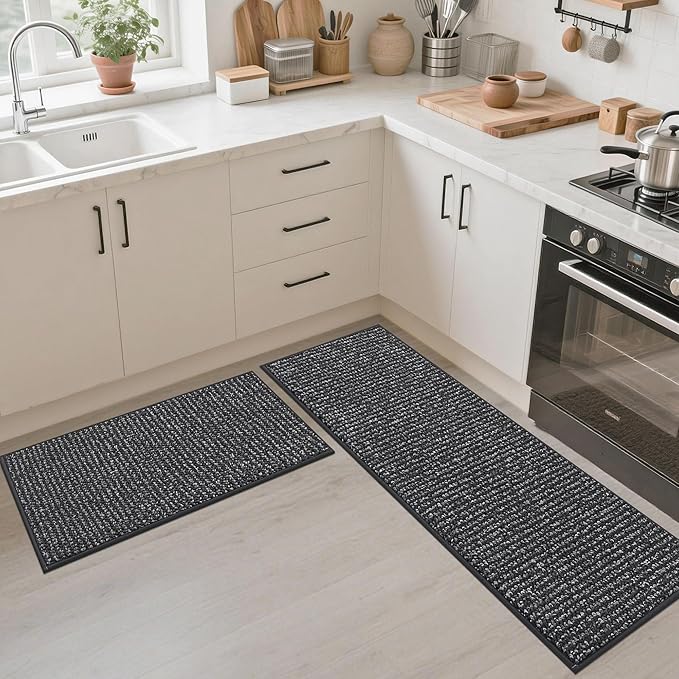 JSEI Kitchen Runner Rugs, 17''x48'' Non-Slip Kitchen Mats for Floor, Machine Washable Absorbent and Stain Resistant Kitchen Rug, Carpet Mats with TPR Backing for Kitchen, Charcoal