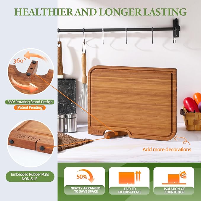 4-PCS Bamboo Cutting Board Set with Innovative Stand - Durable Double Sided Chopping Board with Juice Groove & Handle for Meal Prep, Meat, Fruit, Charcuterie Serving, Eco-Friendly Healthy Kitchen Gift