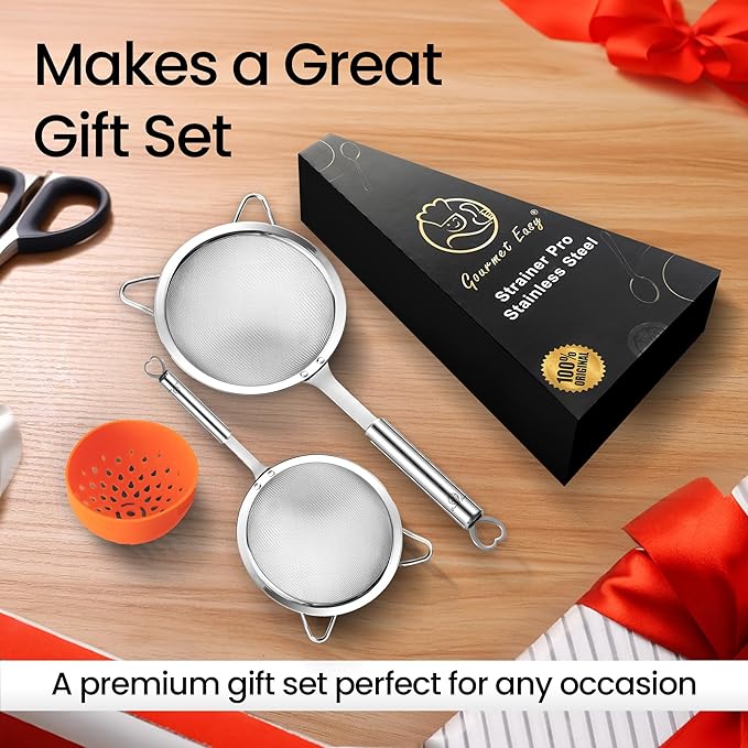 Stainless Steel Fine Mesh Strainer Set – 1 Large Flour Sifter with Sturdy Handle + 1 Small Mesh Sieve for Pasta & Rice + 1 Silicone Can Strainer – Stable, Durable, Dishwasher Safe, 5-Year Warranty
