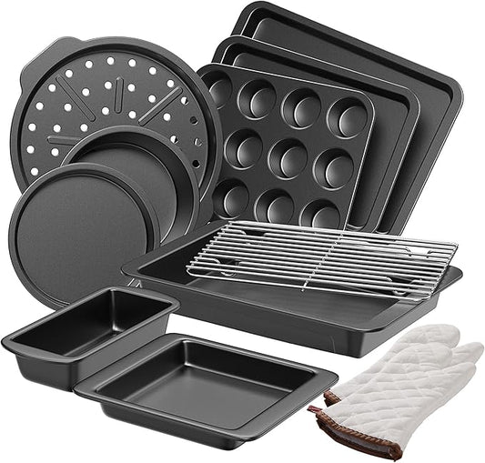 HONGBAKE Bakeware Sets, Baking Pans Set with Kitchen Oven Mitts, Nonstick Oven Pan for Kitchen with Wider Grips, 12-Piece Including Rack, Cookie Sheet, Cake Pans, Loaf Pan, Muffin Pizza Pan