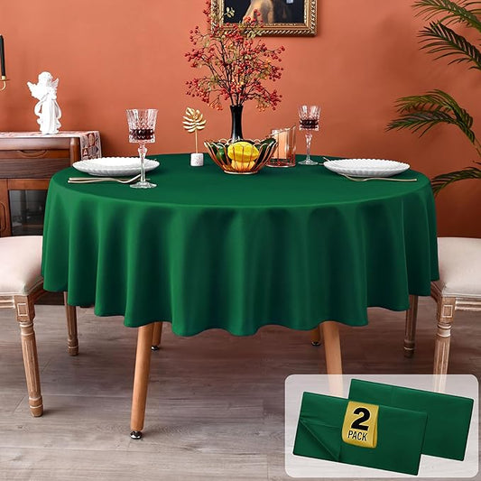 MEANMOY 2 Pack Green 210 GSM Water & Stain Resistant Round Tablecloth - Solid 70 Inch Circle Table Cloth Cover in Wrinkle Free Washable Wipe Clean Polyester for Wedding, Party, Banquet (2 Pcs)
