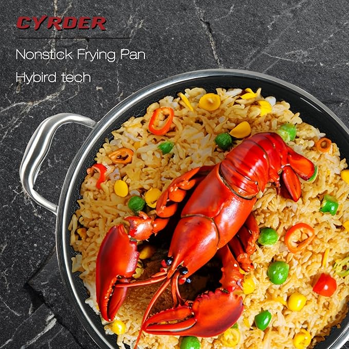 CYRDER 316L Stainless Steel Frying Pan-12inch Hybrid Nonstick Induction Pan with Lid, Two Handle Hold, PFOA Free, Dishwasher Oven Safe, Paella Pan for Stir fry/Toast/Roast/Bake/Stew, 6 Quart