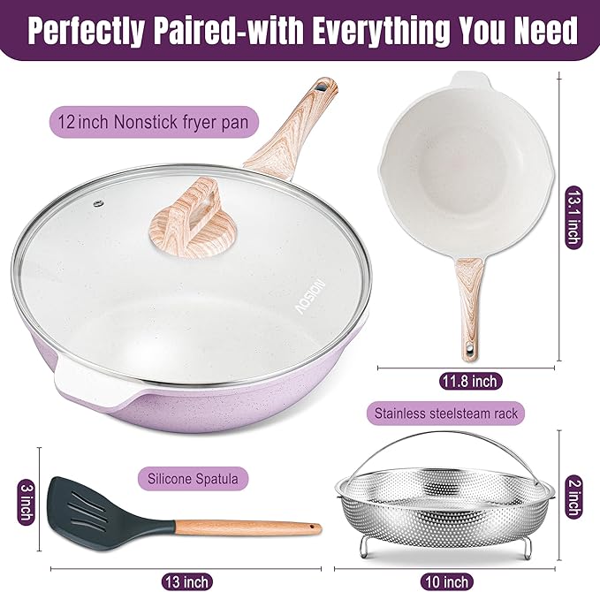 AOSION 11 Inch Nonstick Ceramic Deep Frying Pan Skille with Lid,5QT Sauté Pan for Cooking with Steam Rack,Healthy Large Skillet,Stay Cool Handle, Induction Compatible, PFOA & PFAS Free. (12IN-PURPLE)