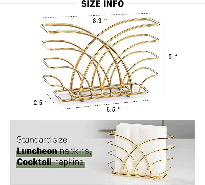 Napkin Holder for Table – Gold Iron Upright Napkin Dispenser for Paper Napkins, Napkin Dispenser for Kitchen Dining, Cocktail Picnic Bar Modern Kitchen and Dining Decor, Servilletero
