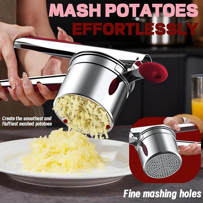Large 15oz Potato Ricer for Mashed Potatoes, Heavy Duty 18/8 Stainless Steel Potato Masher for Baby Food & Spaetzle Maker, Masher and Ricer Kitchen Tool, Press and Mash Kitchen Gadget, Red